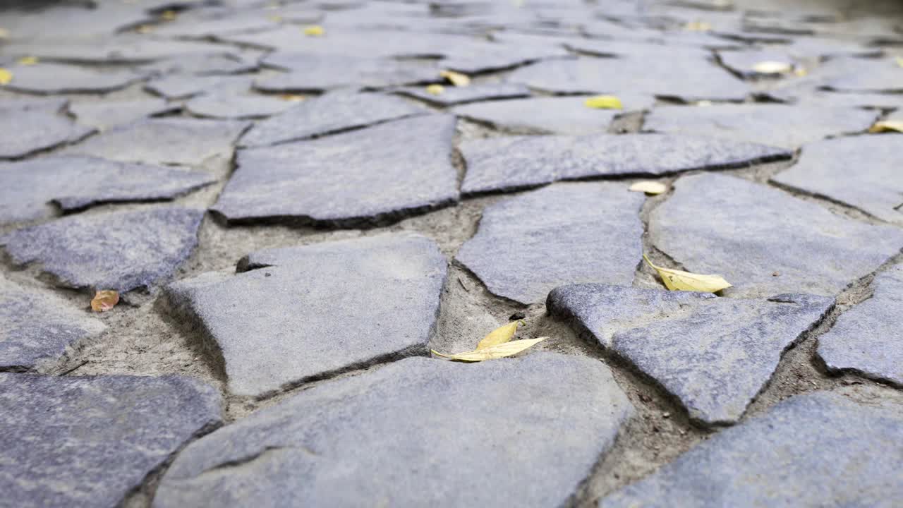 近距离观察公园里形状不规则的石头地板。多莉在射杀。视频素材