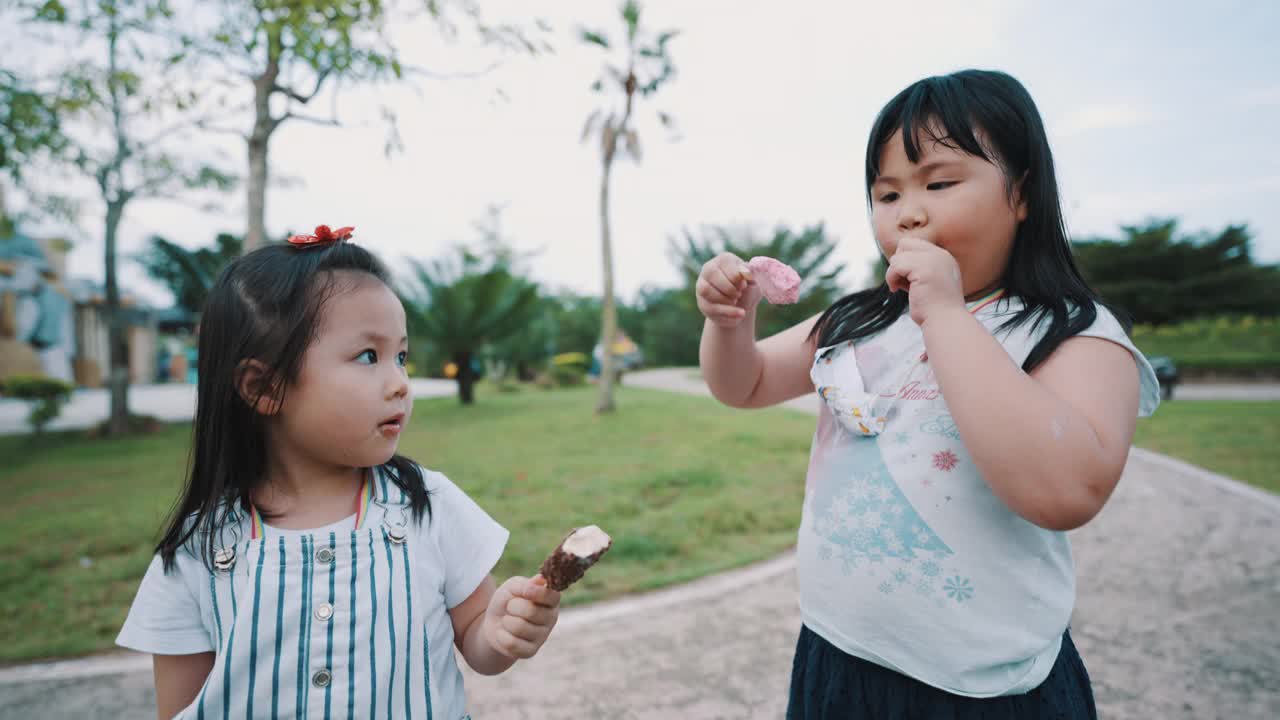 可爱的孩子在户外公园里分享冰淇淋视频素材