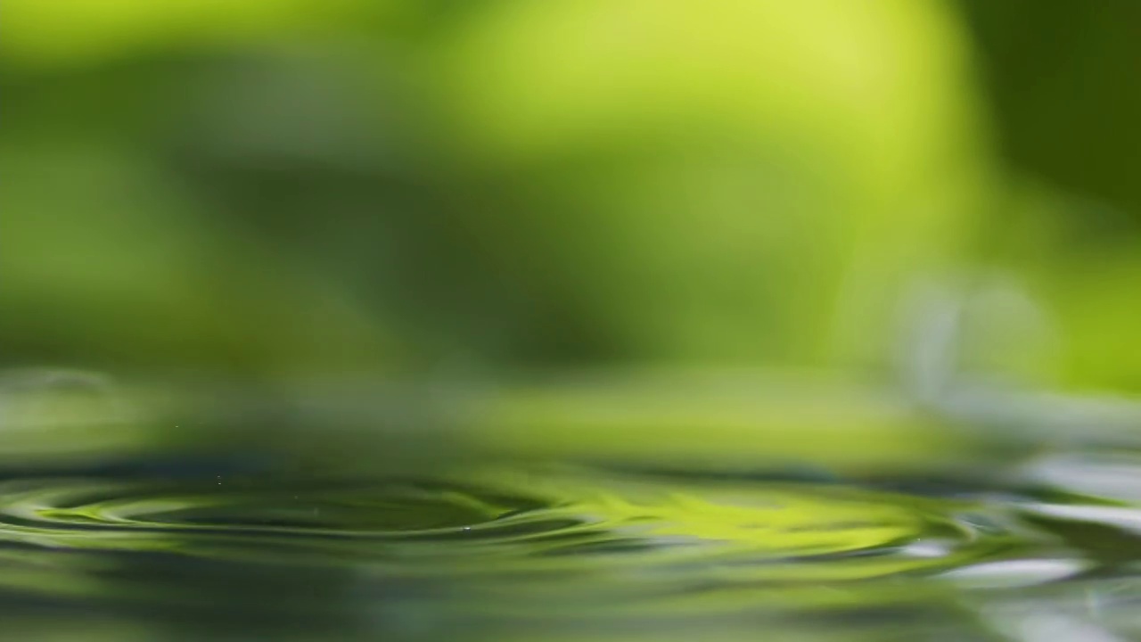 慢镜头的水滴落在水面上。水飞溅。散焦的绿叶背景视频素材