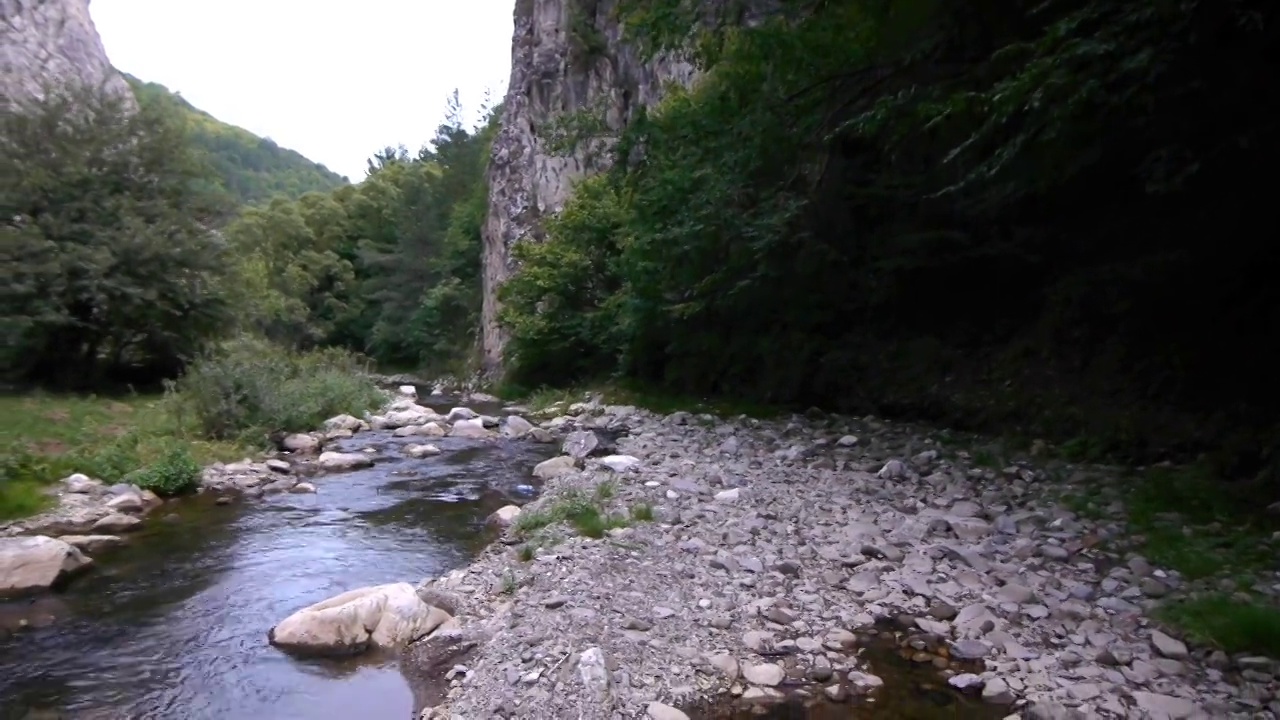 山中河流穿过陡峭的岩壁，覆盖着茂密的落叶林视频素材