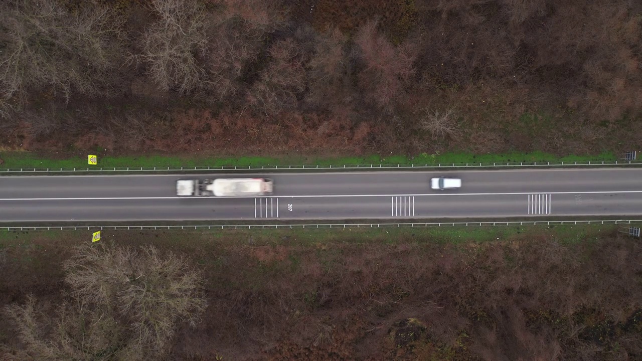 鸟瞰图的交通道路上通过秋天的棉白杨森林，直接上面视频素材