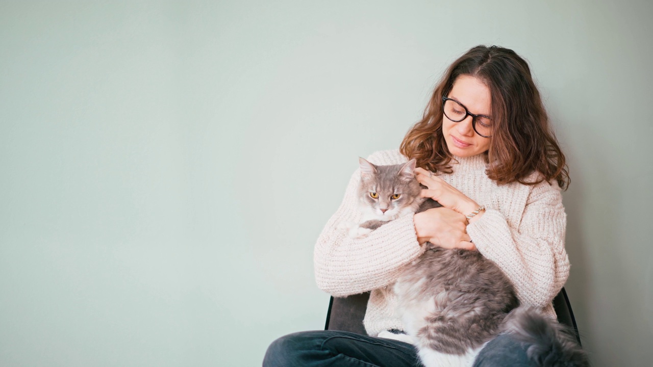 一个迷人的年轻女子抚摸着她的猫。视频素材