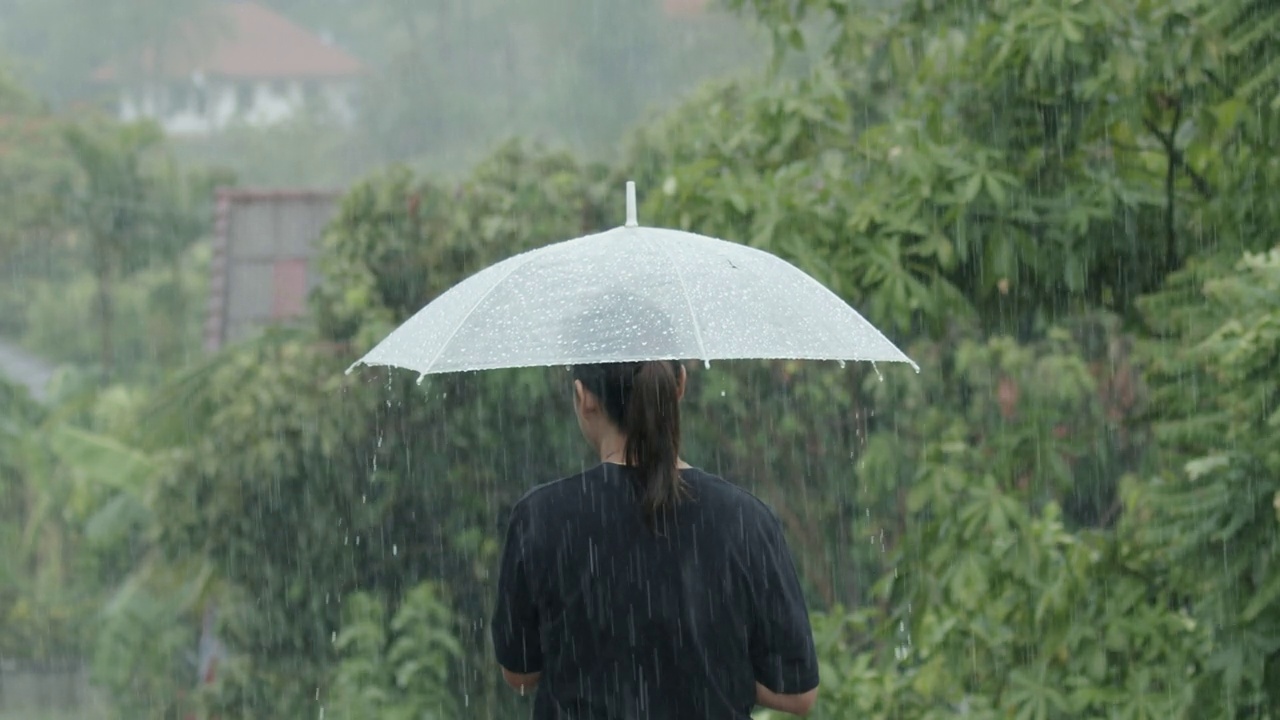 一个女人撑着伞站在雨中视频素材