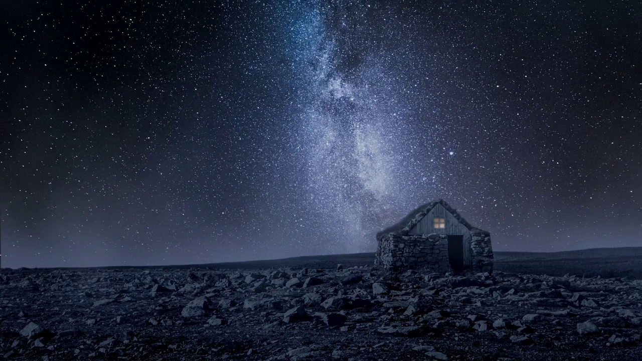 石头小屋和夜晚的银河，冰岛。间隔拍摄。视频素材