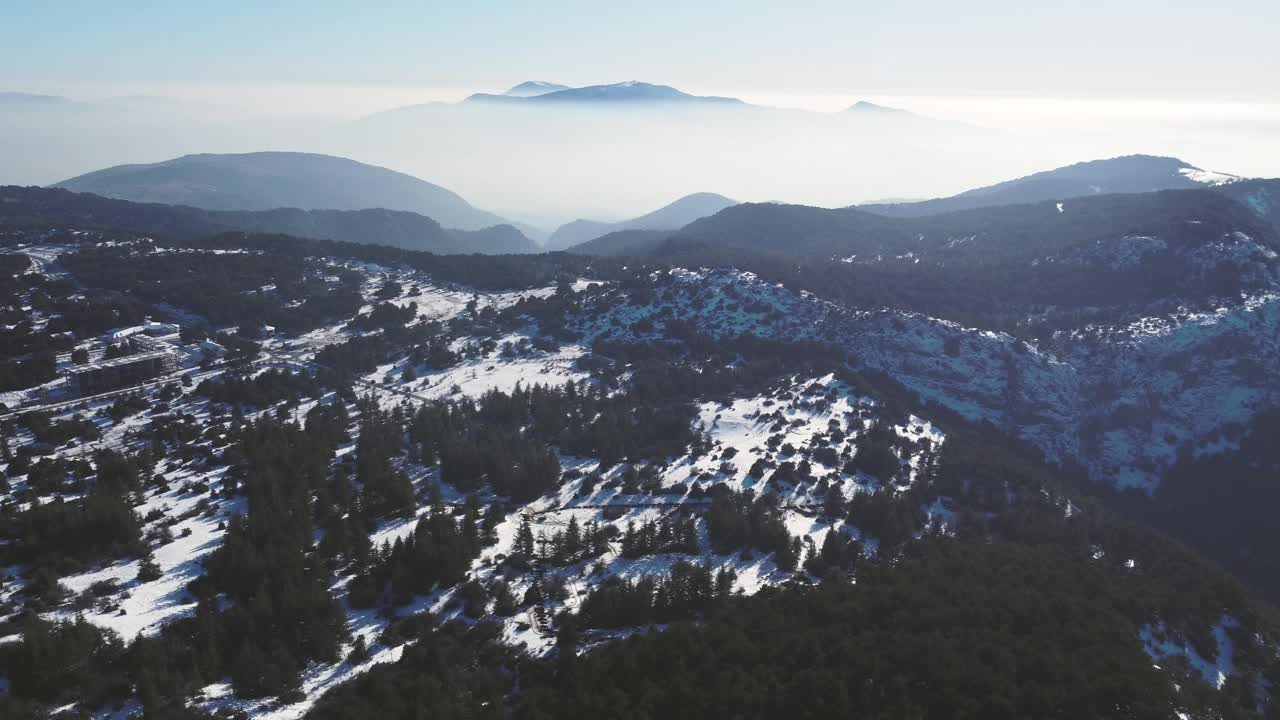 鸟瞰雪山与松树和云山。视频素材