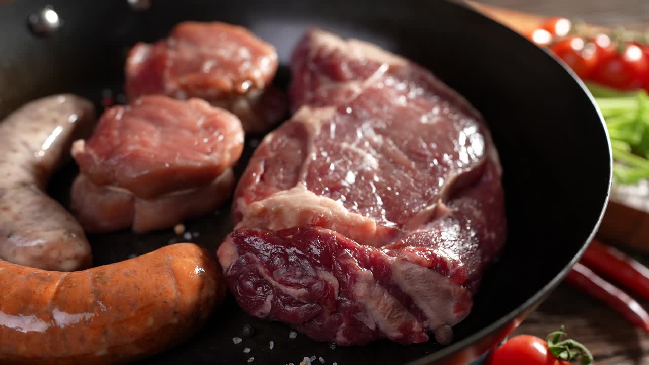 生的调味牛排，肉，牛肉香肠在平底锅和蔬菜在木制桌子上准备烹饪。视频素材