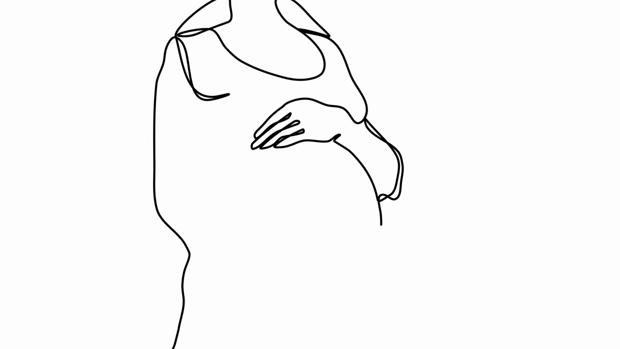 连续的黑色单线画出大肚子孕妇在白色背景上。自画动画怀孕。手绘剪影图，设计简单。2D, 4k库存素材。线的艺术。视频素材画面1