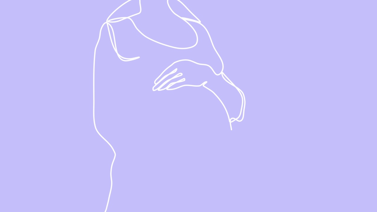 连续的黑色单线画出大肚子孕妇在白色背景上。自画动画怀孕。手绘剪影图，设计简单。2D, 4k库存素材。线的艺术。视频素材画面1
