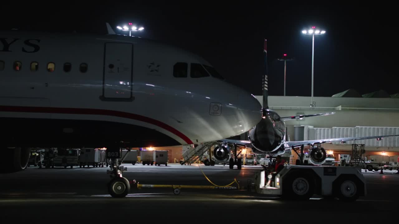 美国航空公司的空中客车A320夜间在洛杉矶国际机场，加利福尼亚视频素材