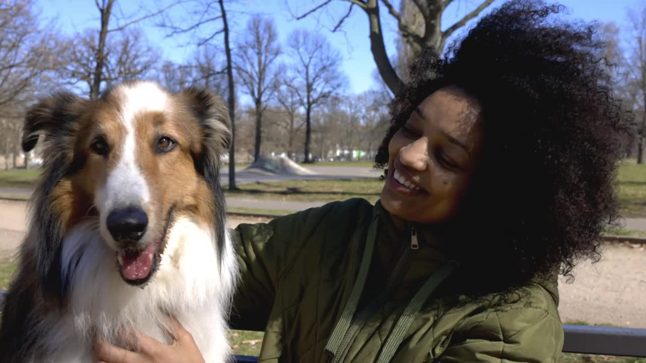 一个年轻的女人和她的宠物牧羊犬在公园外面视频素材