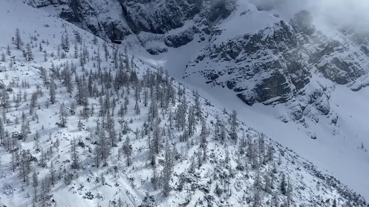 冬季鸟瞰高山。树木和小山被雪覆盖着。视频素材