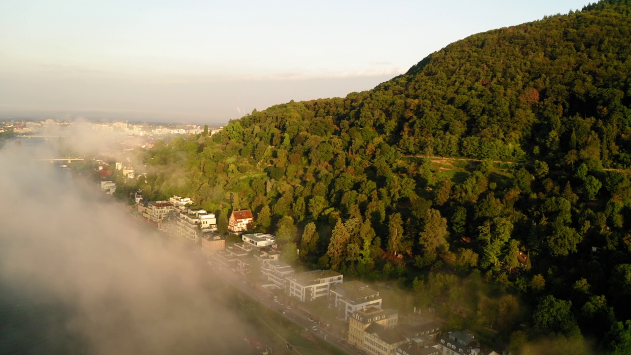 空中拍摄山林上的住宅，无人机向前飞行内卡尔河-海德堡，德国视频素材