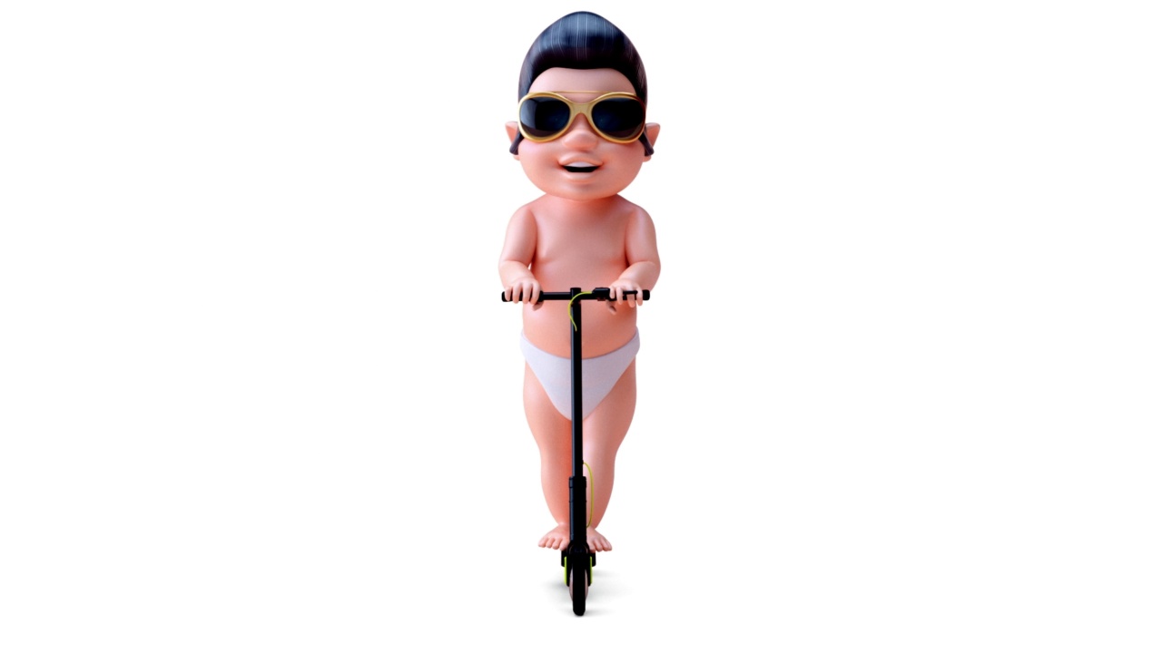 有趣的3D卡通婴儿摇椅上电动滑板车视频素材画面1