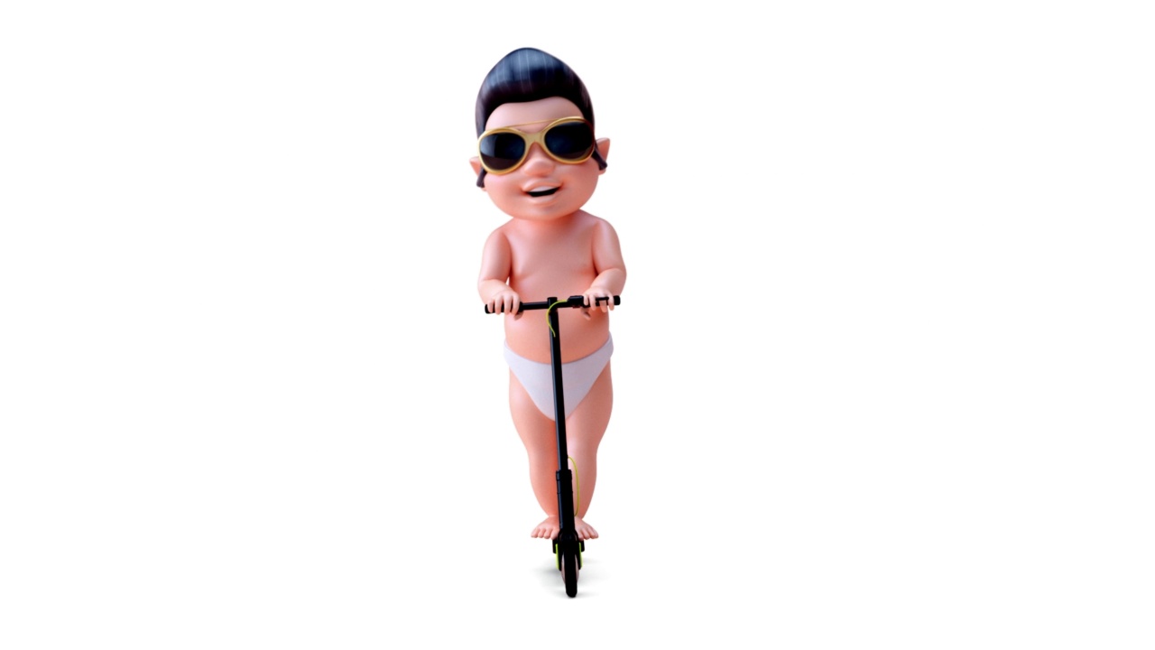 有趣的3D卡通婴儿摇椅上电动滑板车视频素材画面2