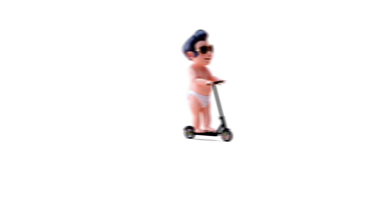 有趣的3D卡通婴儿摇椅上电动滑板车视频素材画面4