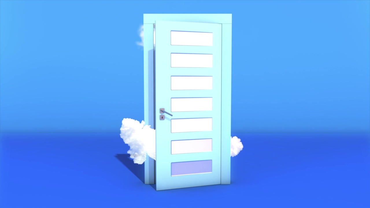 白云从打开的蓝色门飞出3D动画。抽象的隐喻。梦幻梦幻，4K视频素材画面1