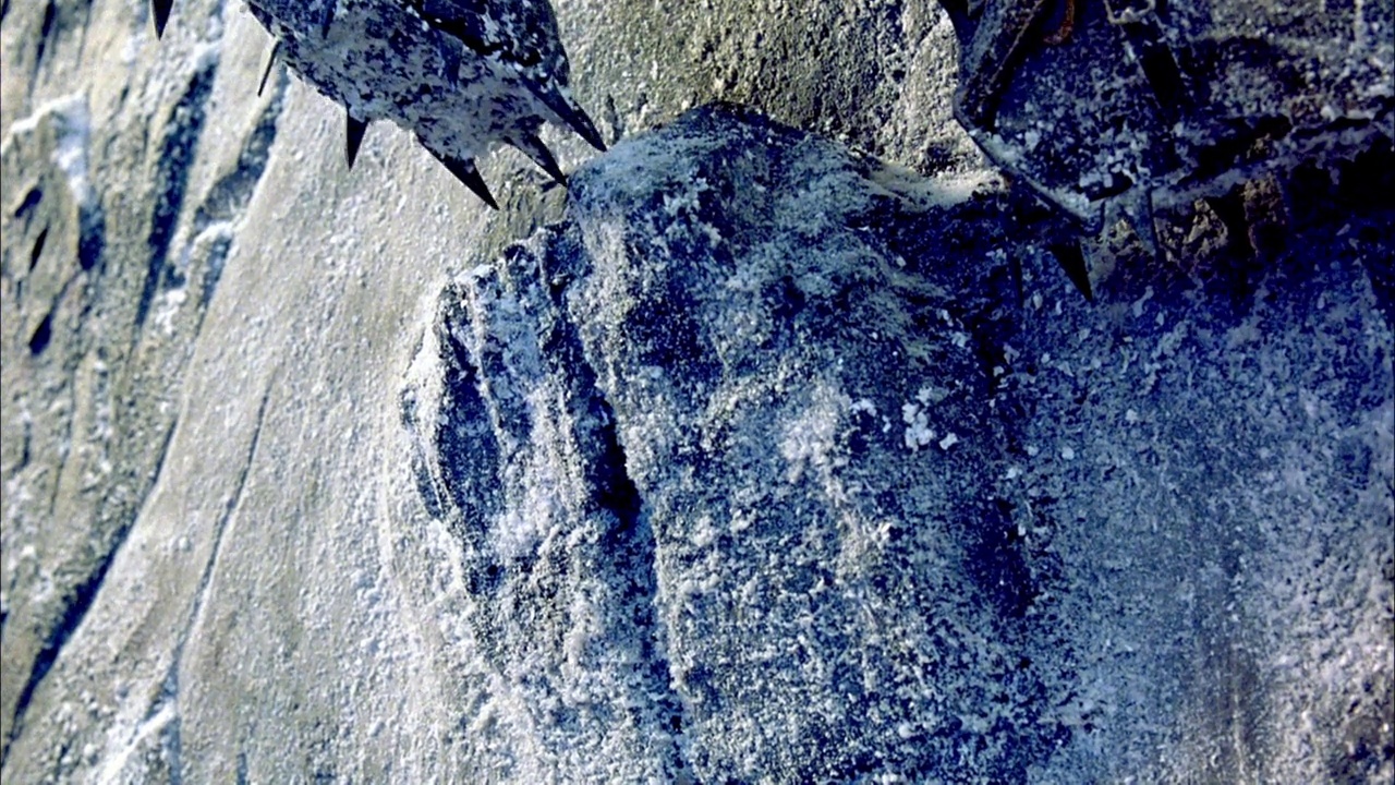 当登山者被压在白雪覆盖的灰色岩壁上时，登山靴在壁架上的闭合角度。看到雪崩的降雪和左边靴子滑作为窗台断裂。视频素材