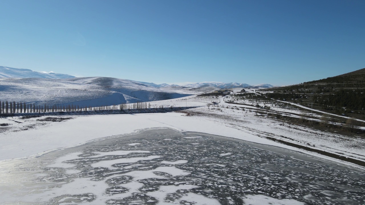 冬天的无人机，无人机鸟瞰冰冻的湖泊和雪山视频素材