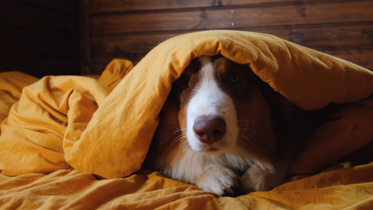 棕色的澳大利亚牧羊犬小狗躺在床上，头上盖着黄色的羽绒被。视频素材