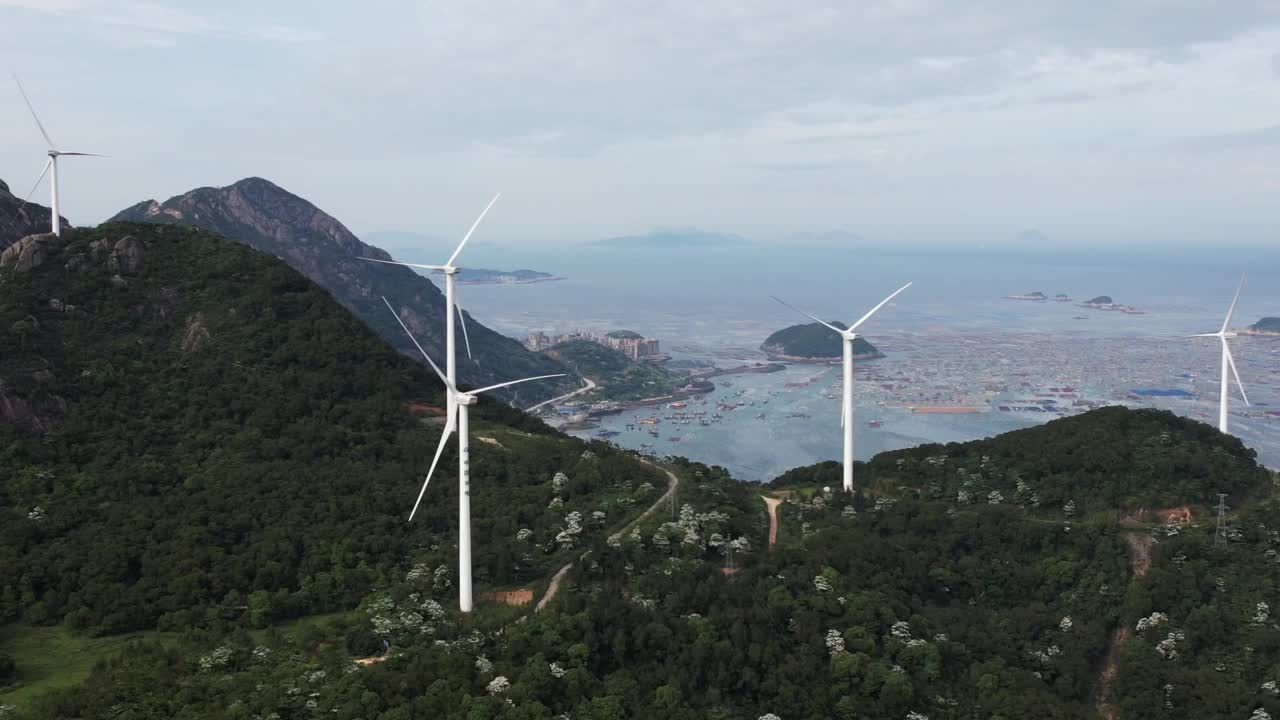 海湾上的风电场视频素材