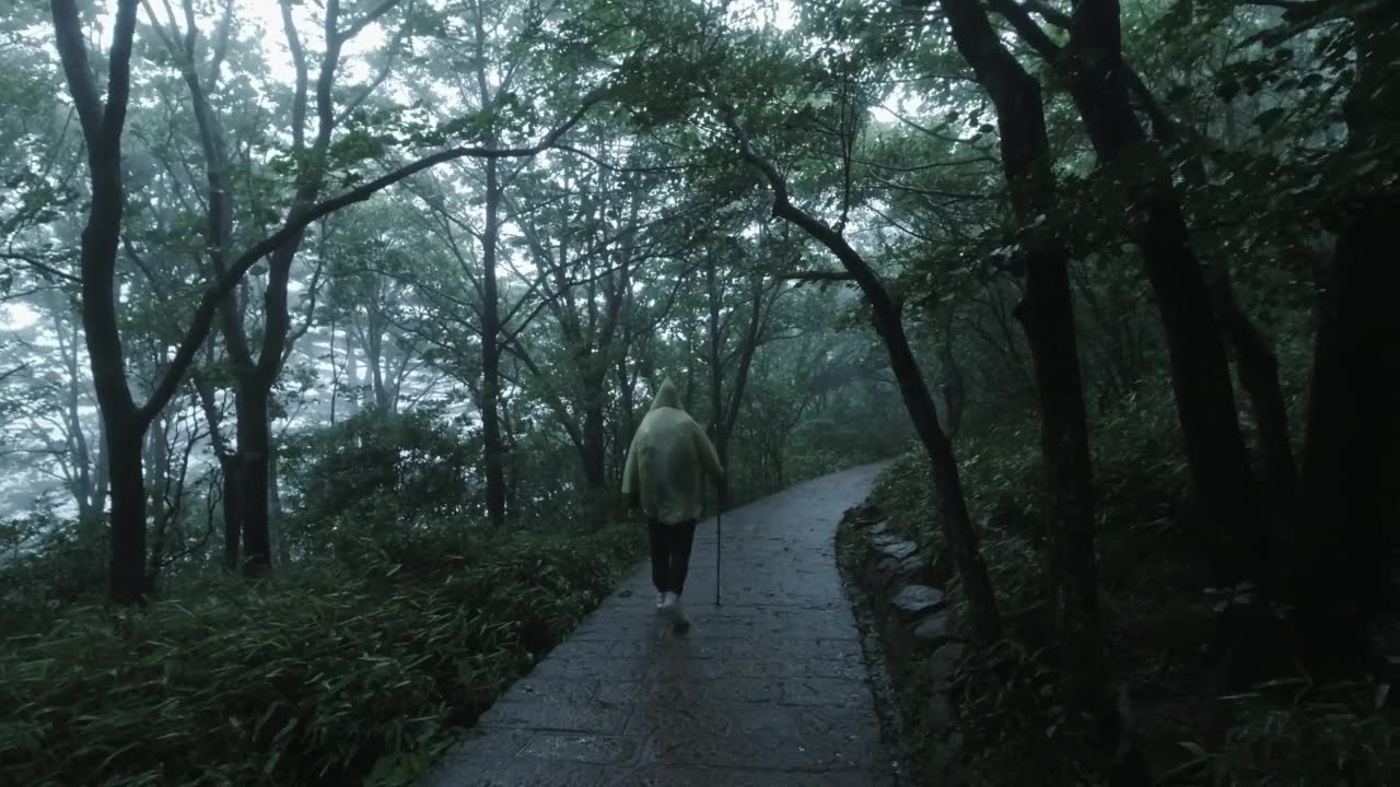 雨中的游客，中国安徽黄山视频素材画面1