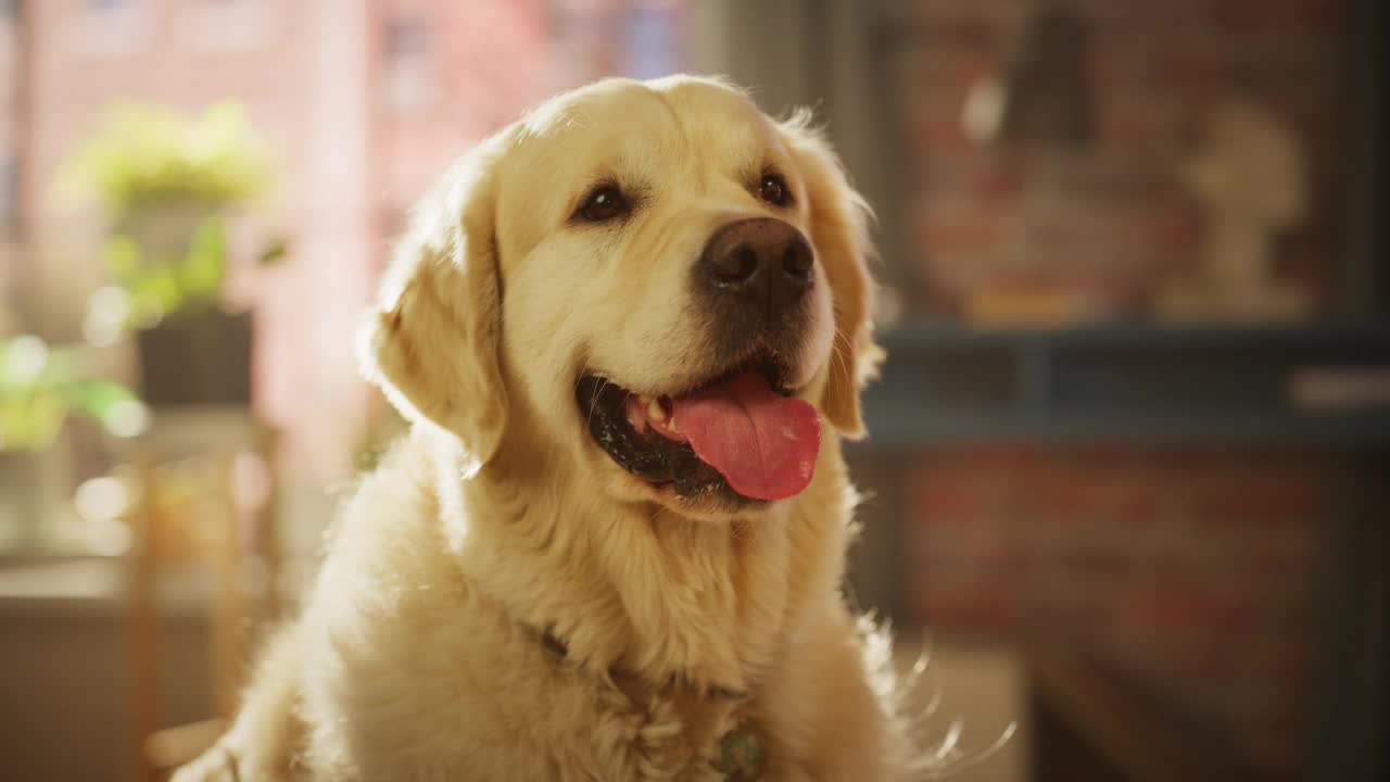 忠诚的金毛猎犬坐在家里的客厅，看着相机。顶级优质犬种血统标本显示了它的聪明，可爱和高贵的美丽。视频素材