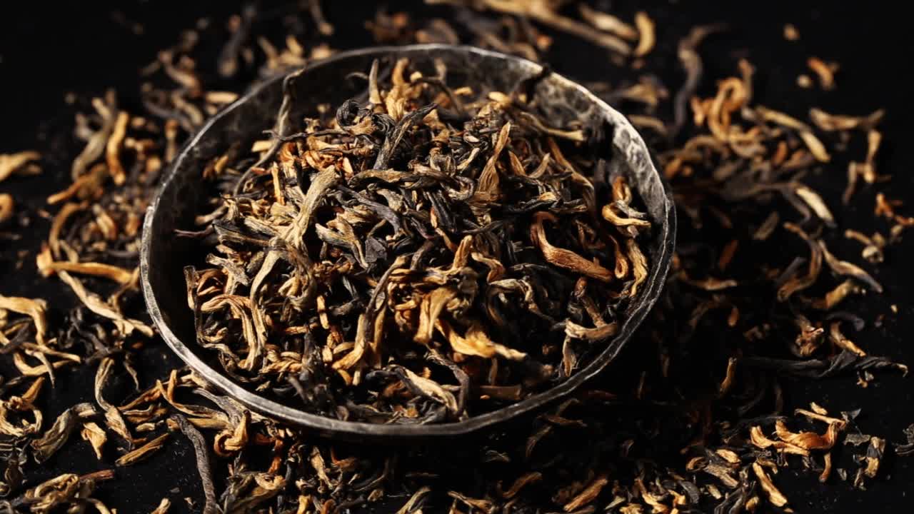 干燥的红茶叶闭合。宏。黑大吉岭红茶的散叶视频素材