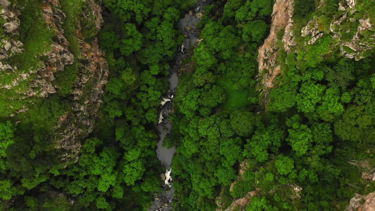 空中飞越格鲁吉亚乡村原始的绿色自然，达什巴什峡谷河流流淌，高加索荒野无人视频素材