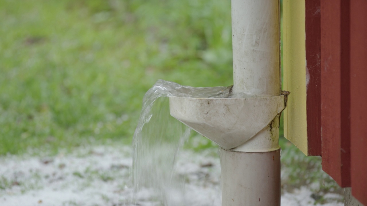 特写-一间房子的排水沟落水管在大雨中溢出视频素材