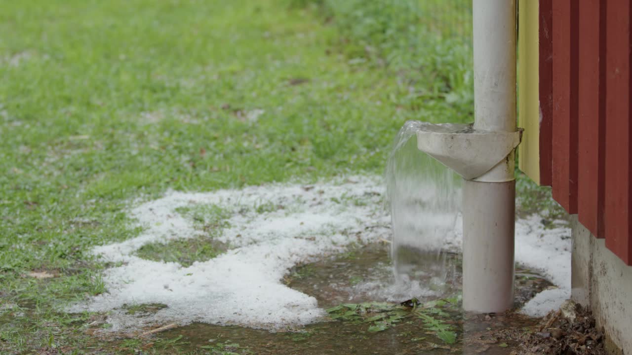 极端天气-房屋的排水沟落水管在大雨中溢出视频素材