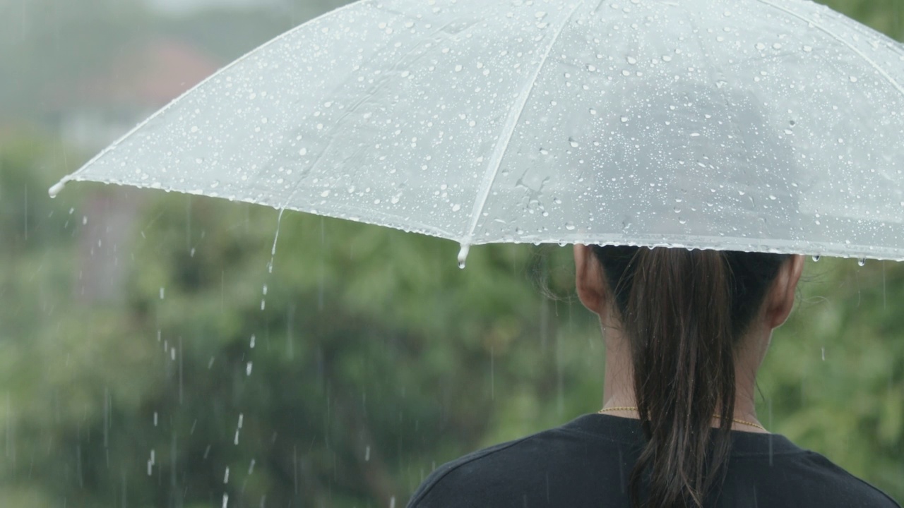 一个女人撑着伞站在雨中视频素材