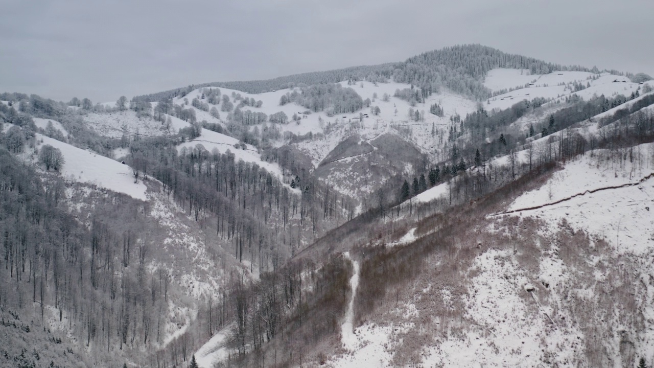 白雪覆盖的喀尔巴阡山脉鸟瞰图视频素材