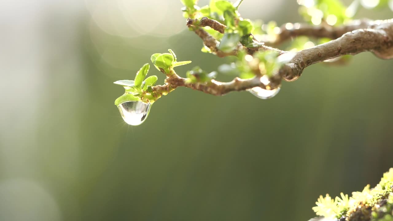 水滴从绿叶树上滴下。近照水滴在清晨的阳光自然背景，慢动作。水滴，自然，绿色，环境，生态，树叶，植物，新鲜的概念视频素材画面1