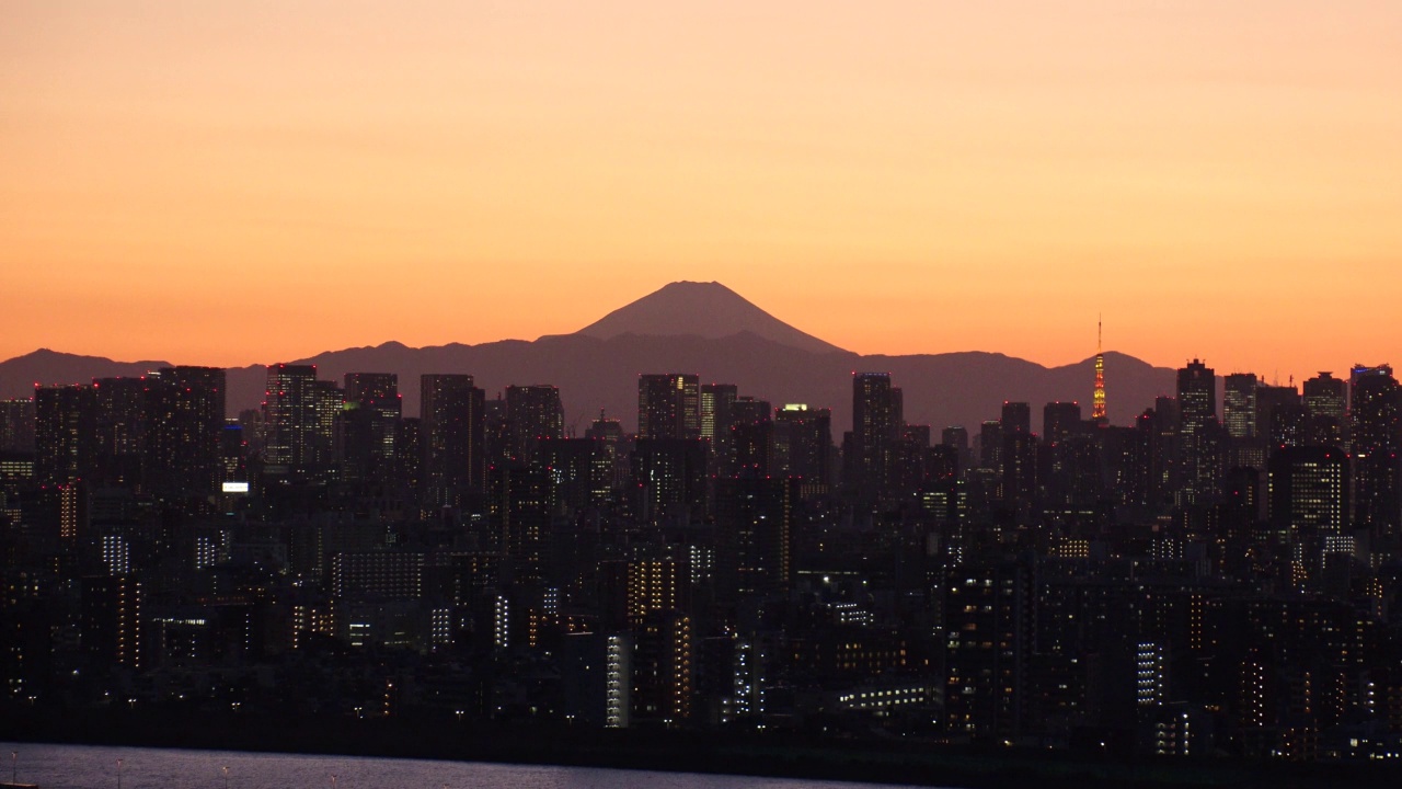 日本东京:东京和富士山的日出或日落景观。视频素材