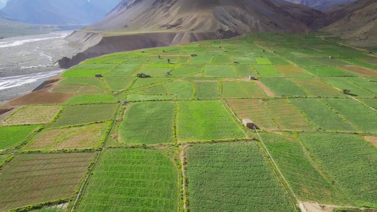 无人机拍摄的河流山区山谷的绿色农业农田。视频素材