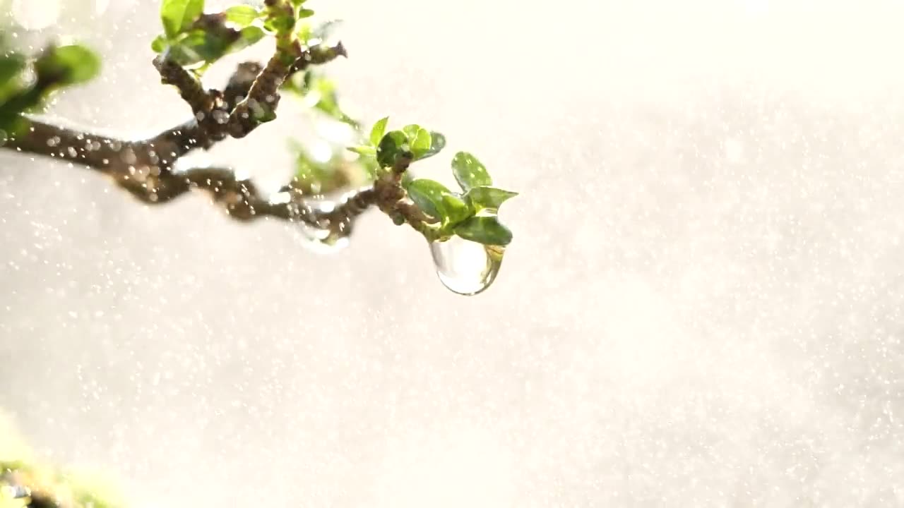 雨点从绿叶树上滴下。近照水滴在清晨的阳光自然背景，慢动作。水滴，自然，绿色，环境，生态，树叶，植物，新鲜的概念视频素材画面1