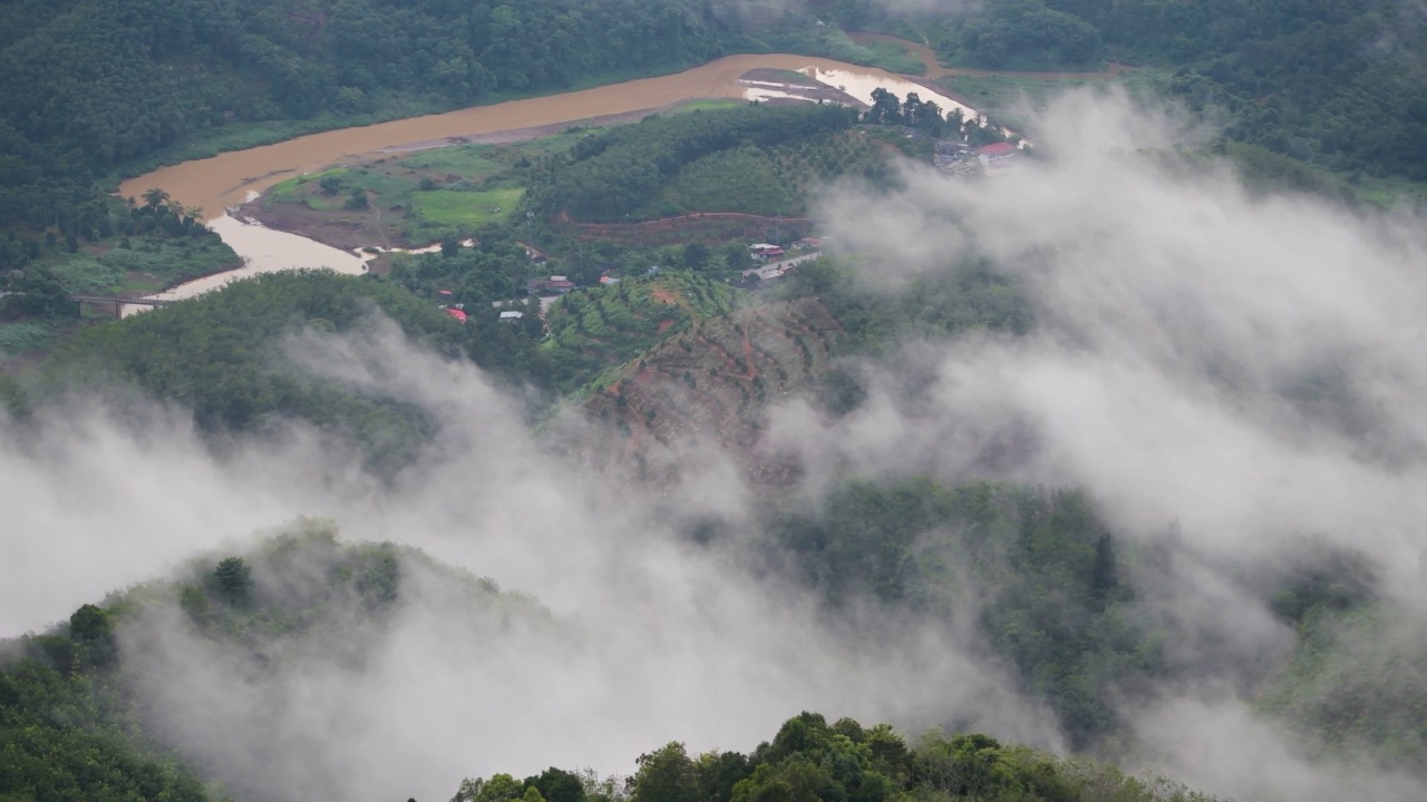 清晨的热带雨林，雾和薄雾笼罩着高山视频素材