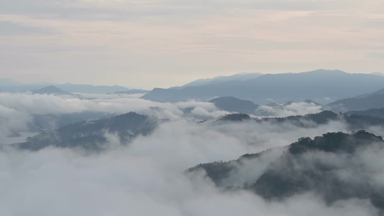 清晨的热带雨林，雾和薄雾笼罩着高山视频素材