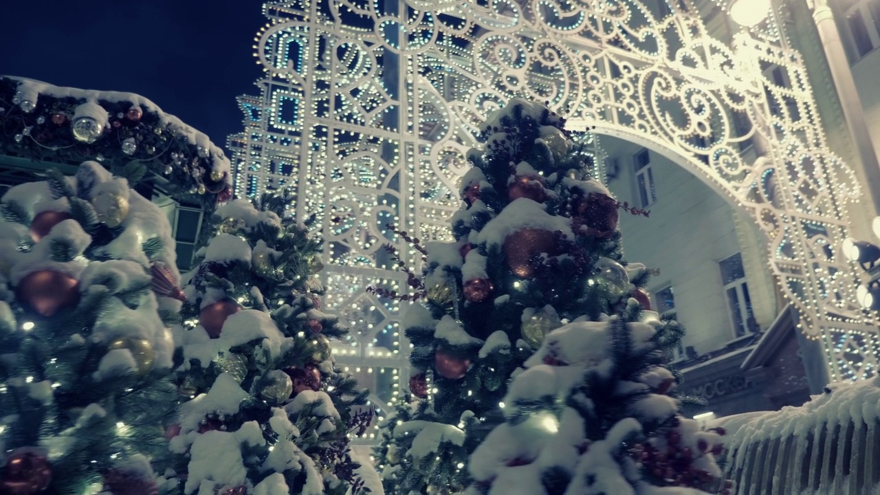 一排排带着球的圣诞树上覆盖着雪和装饰结构视频素材画面3