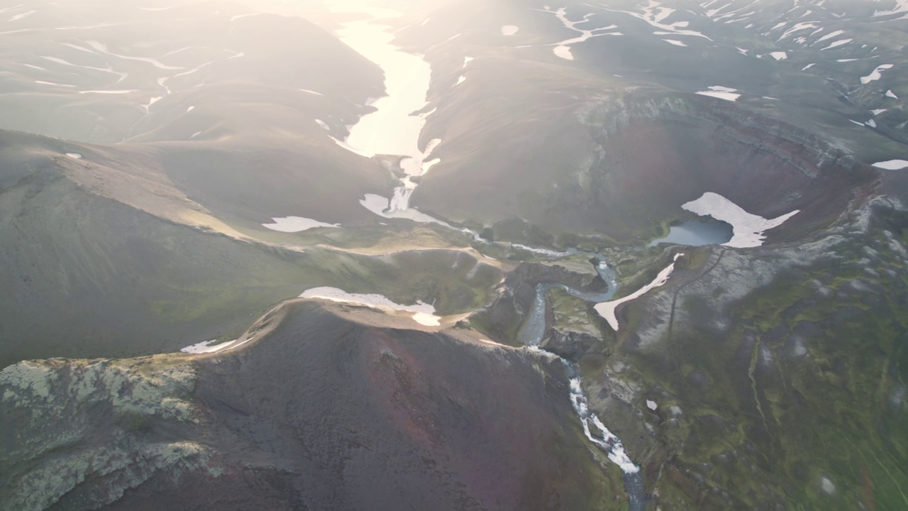 冰岛高地上，Raudibotn火山口和Holmsarfossar火山苔藓荒野上的日落鸟瞰图视频素材