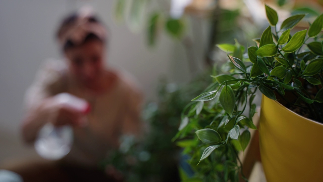 一株植物的特写，一个女人在背景中喷洒其他植物视频素材