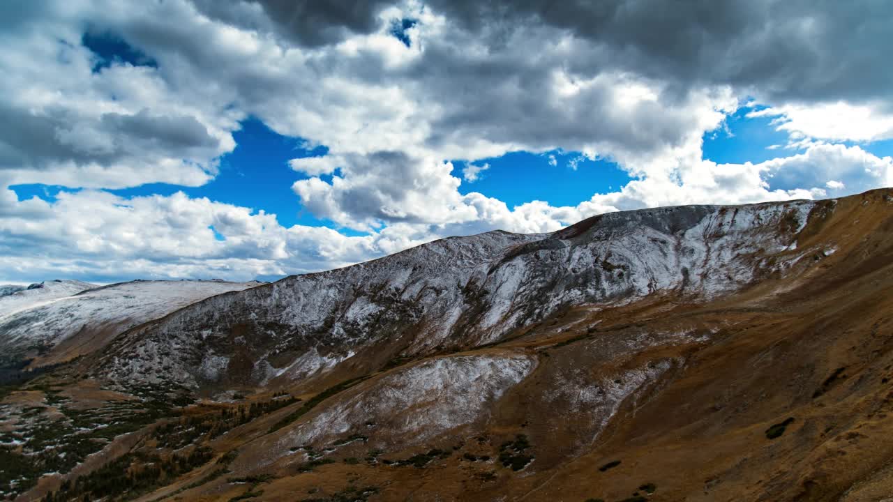 在多云的天空下，国家公园山上的雪的空中封锁时间拍摄-科罗拉多州落基山国家公园视频素材