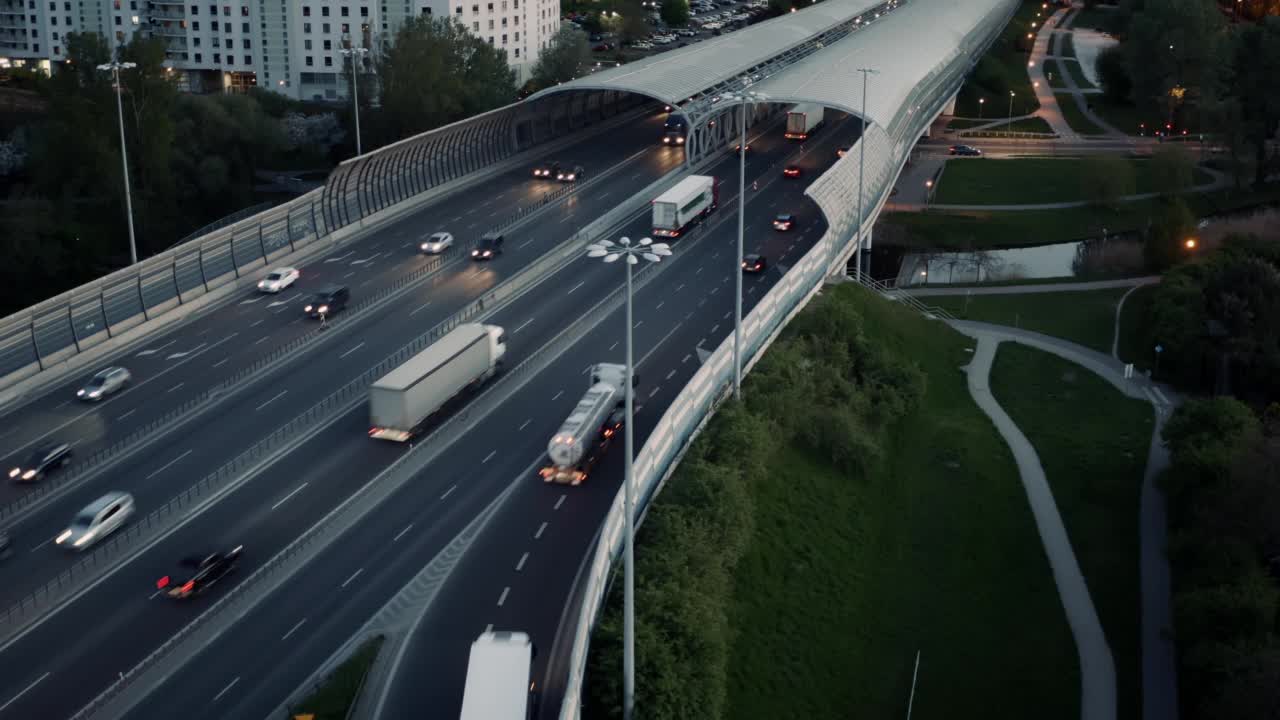 航拍高架多个路口。无人机拍摄的现代城市高速公路路口在晚上。十字路口高速公路立交桥。晚上,黄昏视频素材