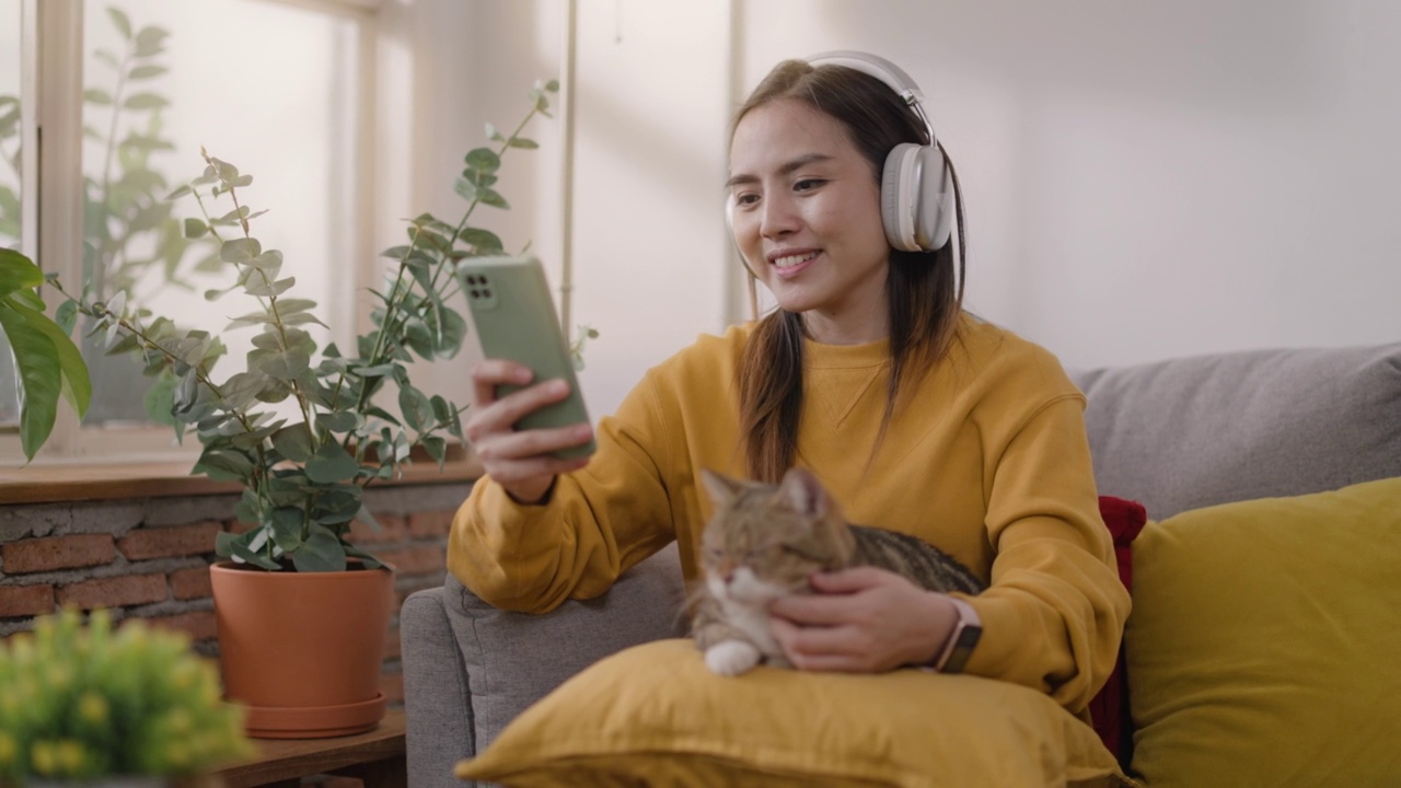 年轻女子戴着耳机和她的可爱的猫在家里的客厅用手机为宠物救援捐款。穿黄色卫衣的女孩用智能手机进行视频通话，自拍，在社交网站上分享数据视频素材