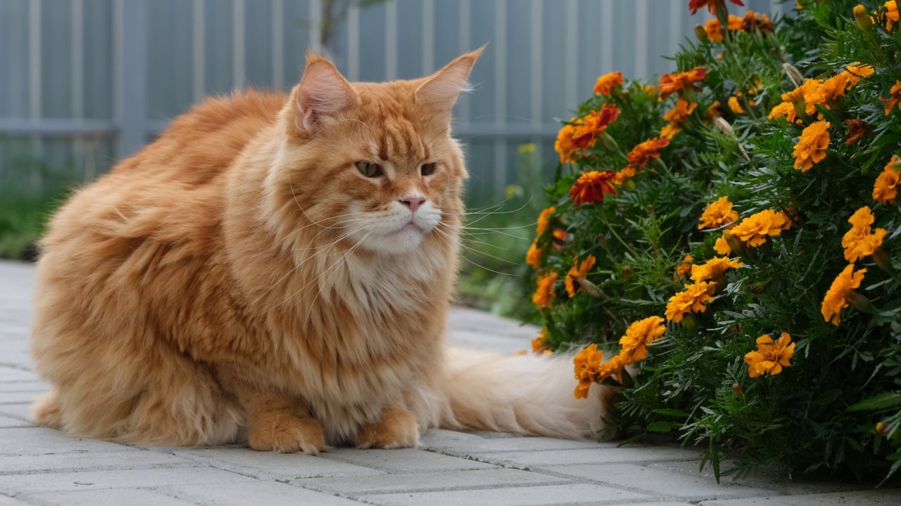 一只红色的缅因猫坐在花园里。视频素材