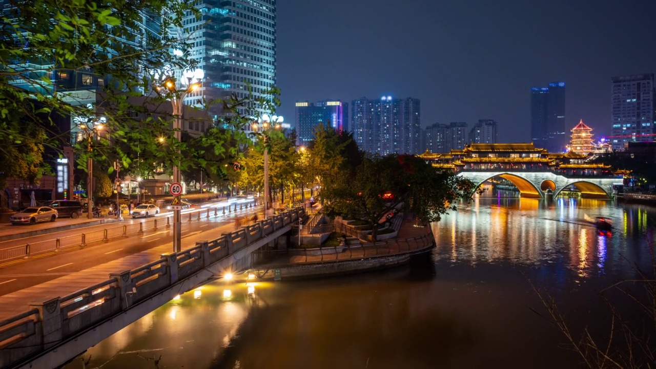 成都安顺大桥和锦江在夜间时间流逝视频素材