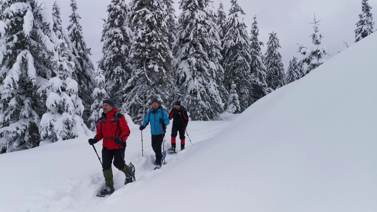 三个背着双肩包、穿着雪鞋的男人在冬季徒步旅行中行走。视频素材