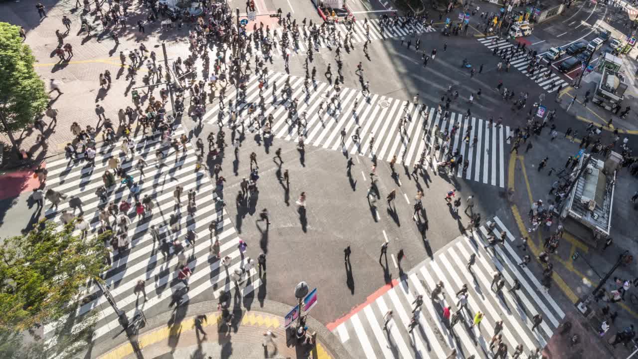 夜间汽车交通交通中断，拥挤的行人走在涩谷十字路口。东京旅游景点地标，日本旅游，亚洲交通或亚洲城市生活理念视频素材