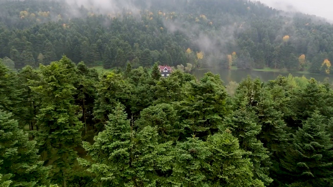 土耳其的热门地点，Gölcük博鲁自然公园，湖边的房子，雾天的湖边房子，湖边的乡村房子，森林中的孤独的房子，最美丽的房子，博鲁abant golcuk视频素材