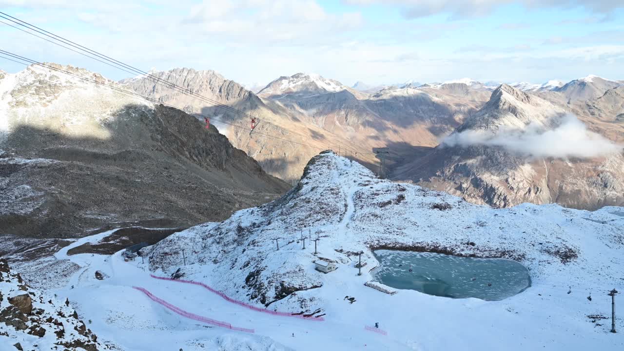 小湖在积雪覆盖的高山景观视频素材